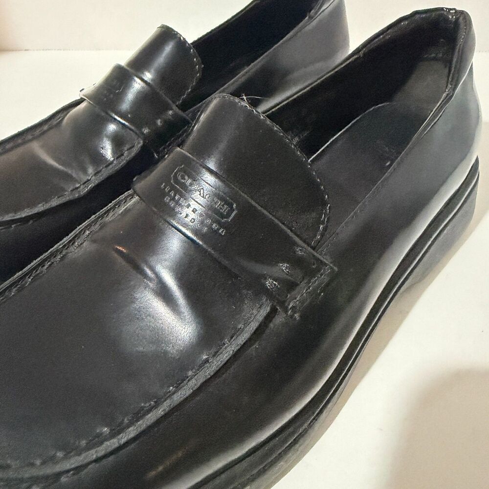 Coach, Vintage Black Patent Leather Square Toe Chunky Penny Loafer, 6.5 Rae Shoe